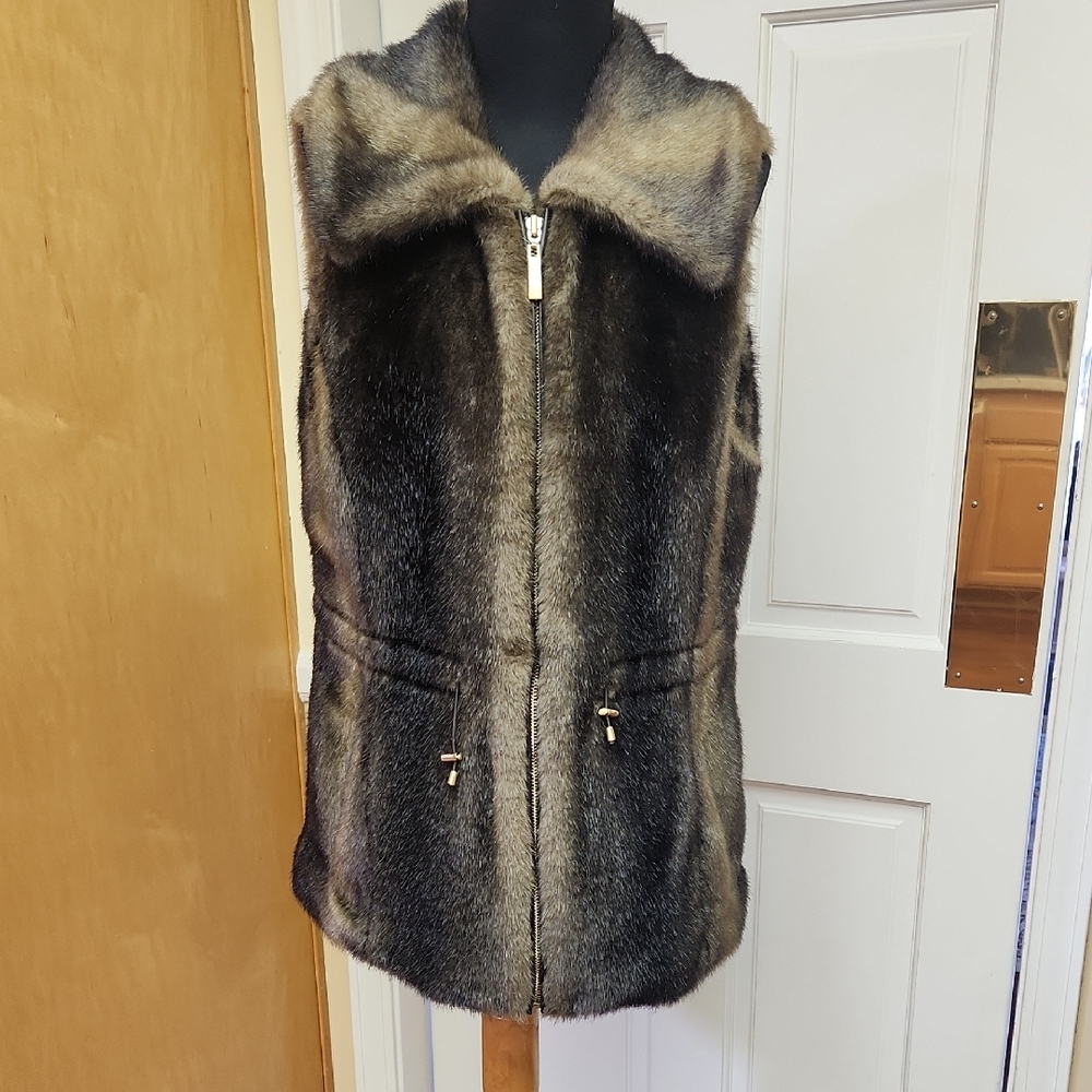 Plush Brown and Black Faux Fur Vest with High Collar